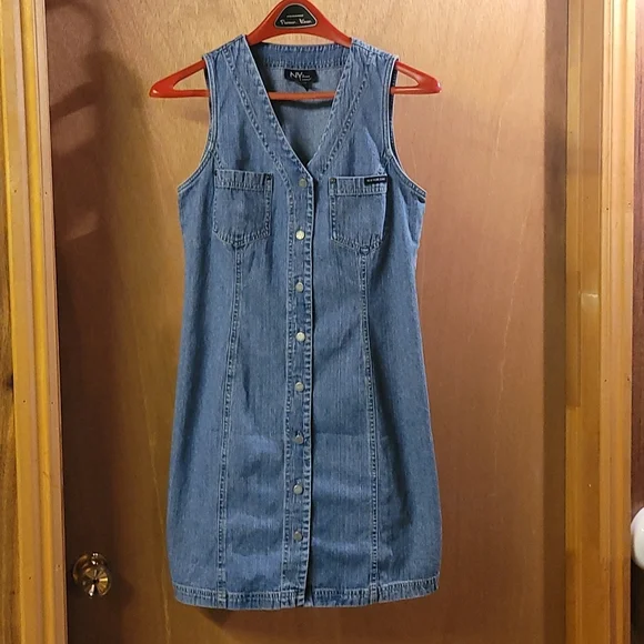 denim dress new york and company Sleeveless Denim Fit And Flare Mini Dress - LARGE / BLUE
